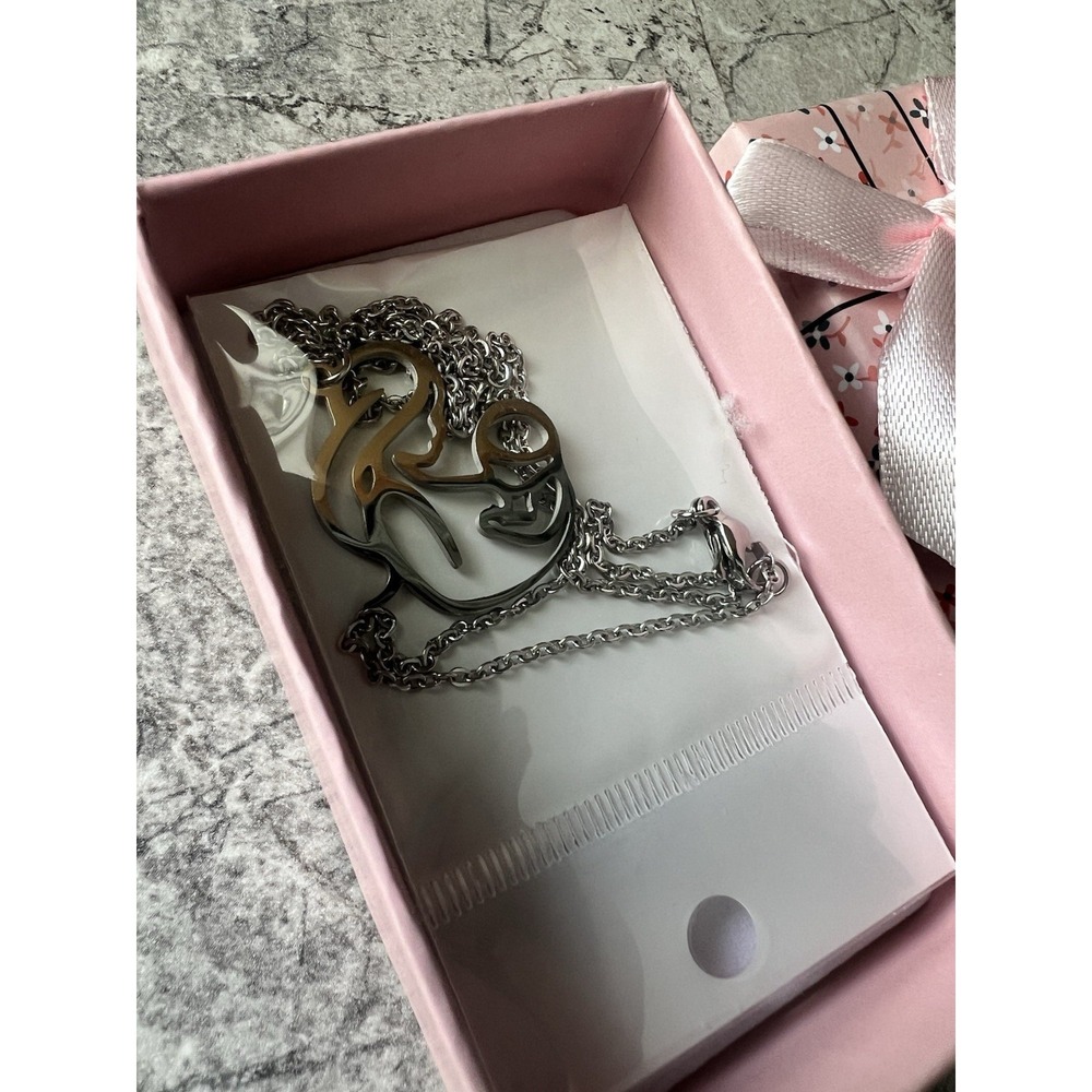 Abstract Mother & Child Stainless Steel Pendant Necklace Silver Tone Gift Boxed